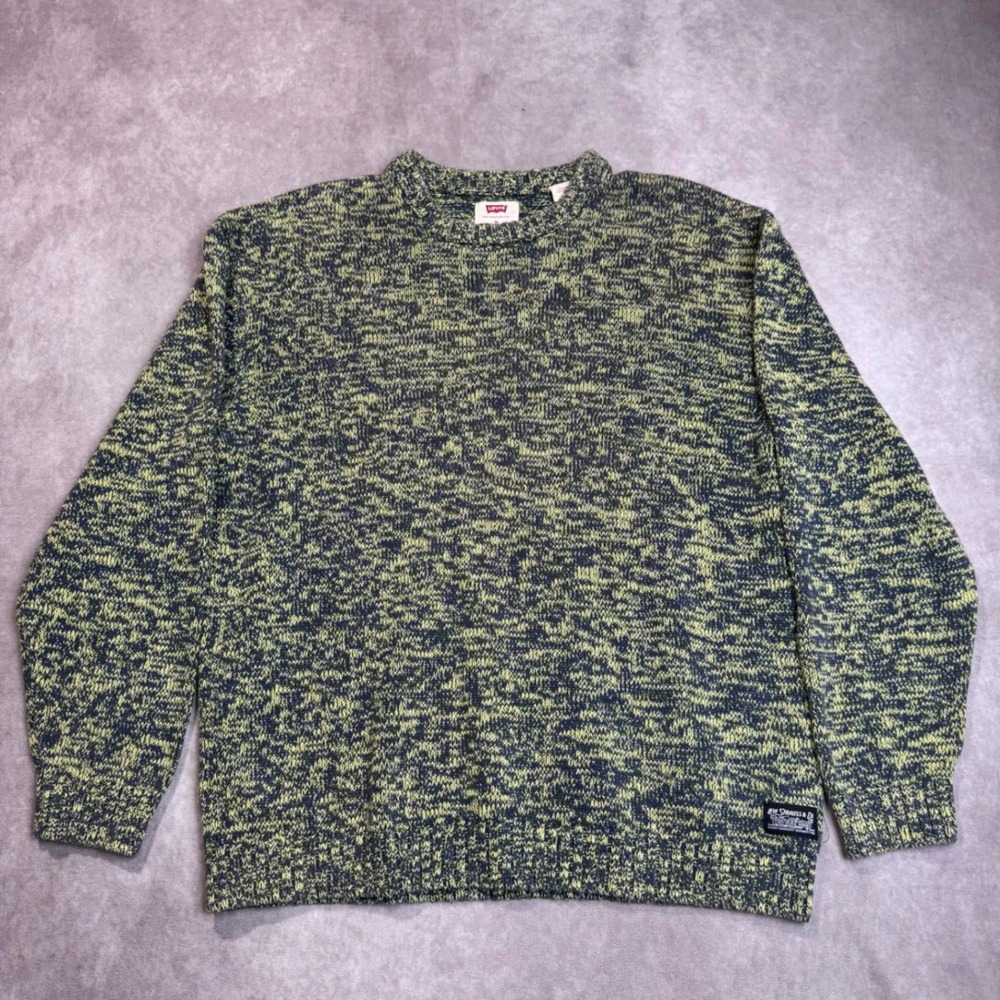 Levi Strauss Mens Relaxed Fit Marled Knit Crewneck Sweater Yellow Navy Blue M